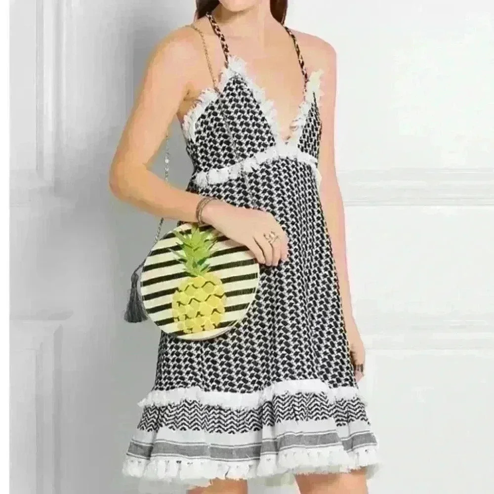 Kayu round straw striped pineapple purse with tassel & chain strap with dust bag - Picture 2 of 11